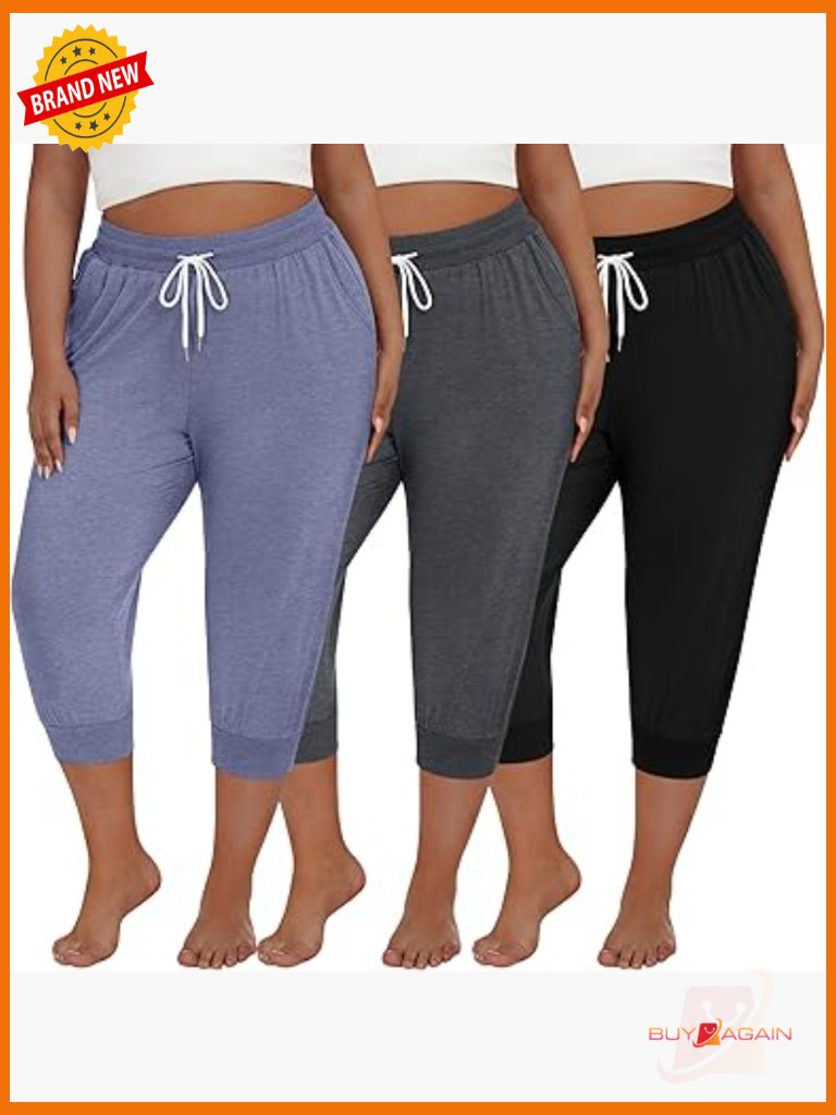 Plus Size Cotton Lounge Yoga Capri Pants With Pockets 3 Pack